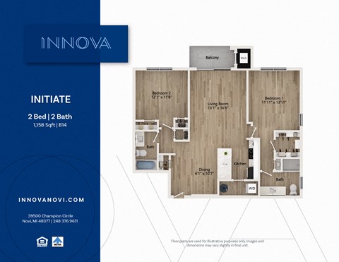 Floor plan for 2 beds, 2 baths, 1158 sqft